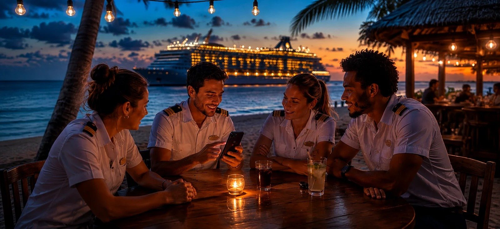 Crew members sharing tips on a phone at a beach bar with their ship behind