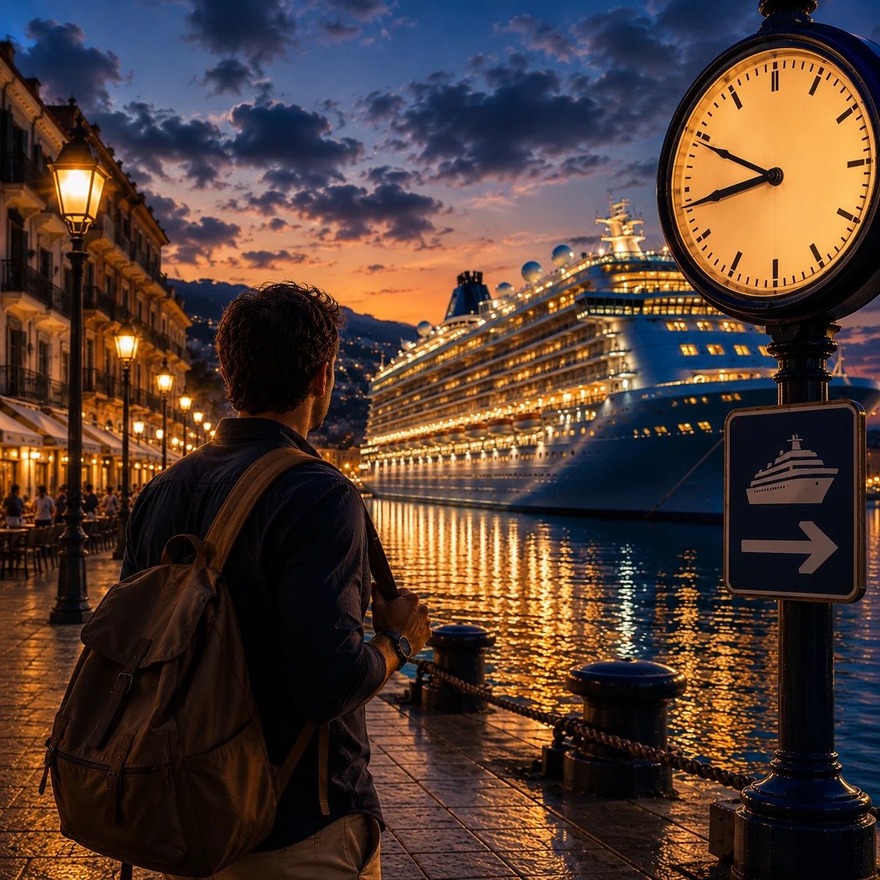 Crew member checking the port clock before returning to the ship at night