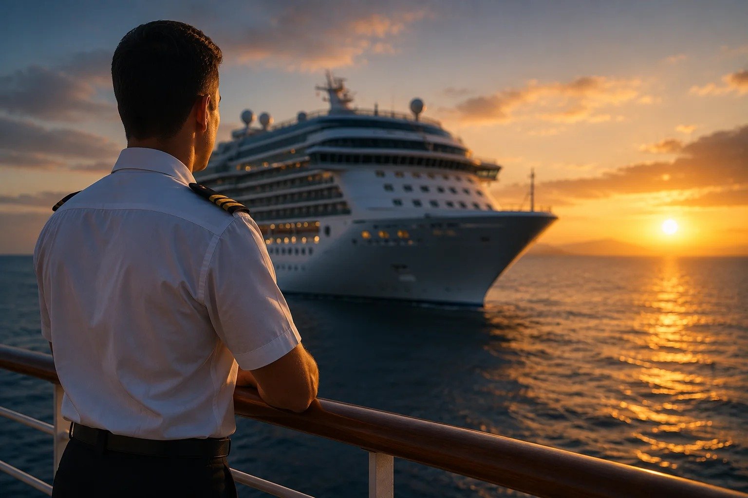 Crew officer on deck watching a cruise ship at sunset