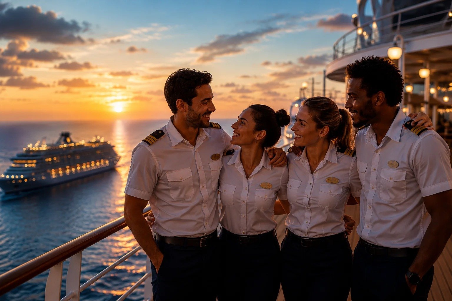 Four crew members smiling together on deck at sunset