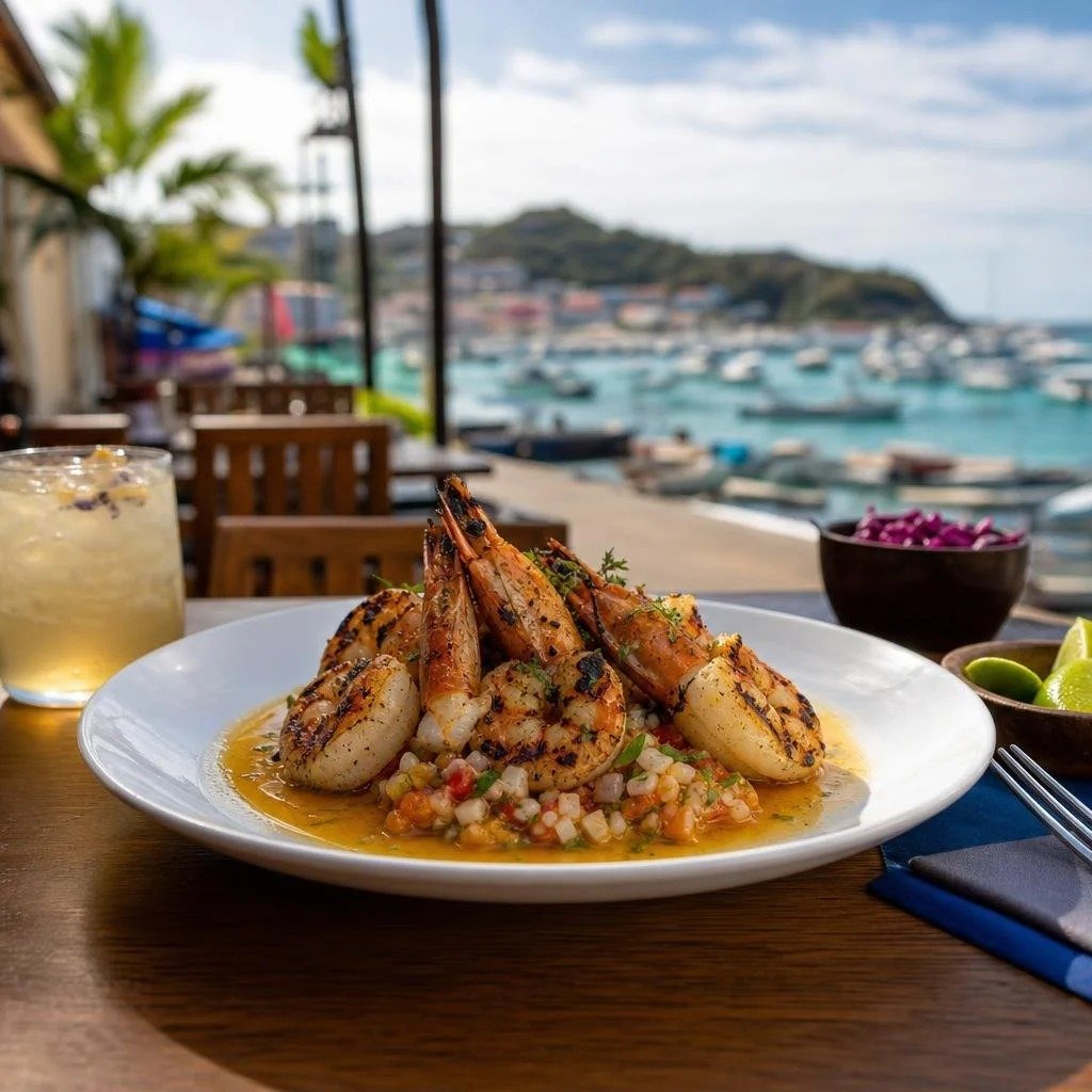 Grilled prawns served at a harbour-side restaurant