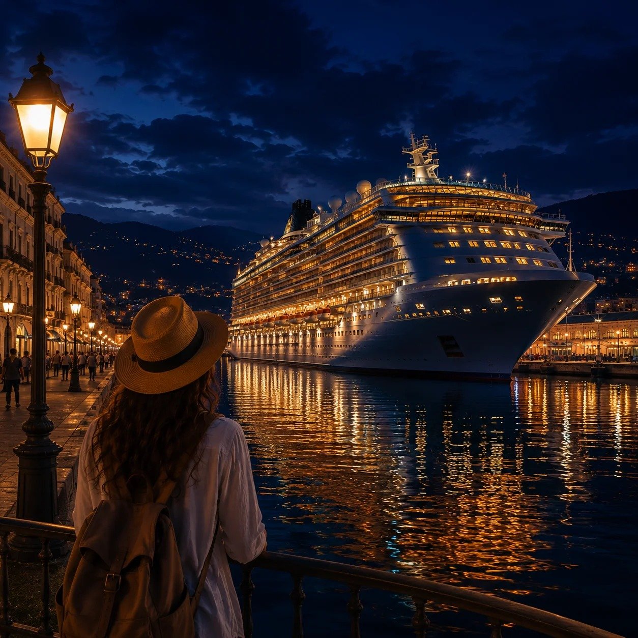 Traveler looking at an illuminated cruise ship in a night port