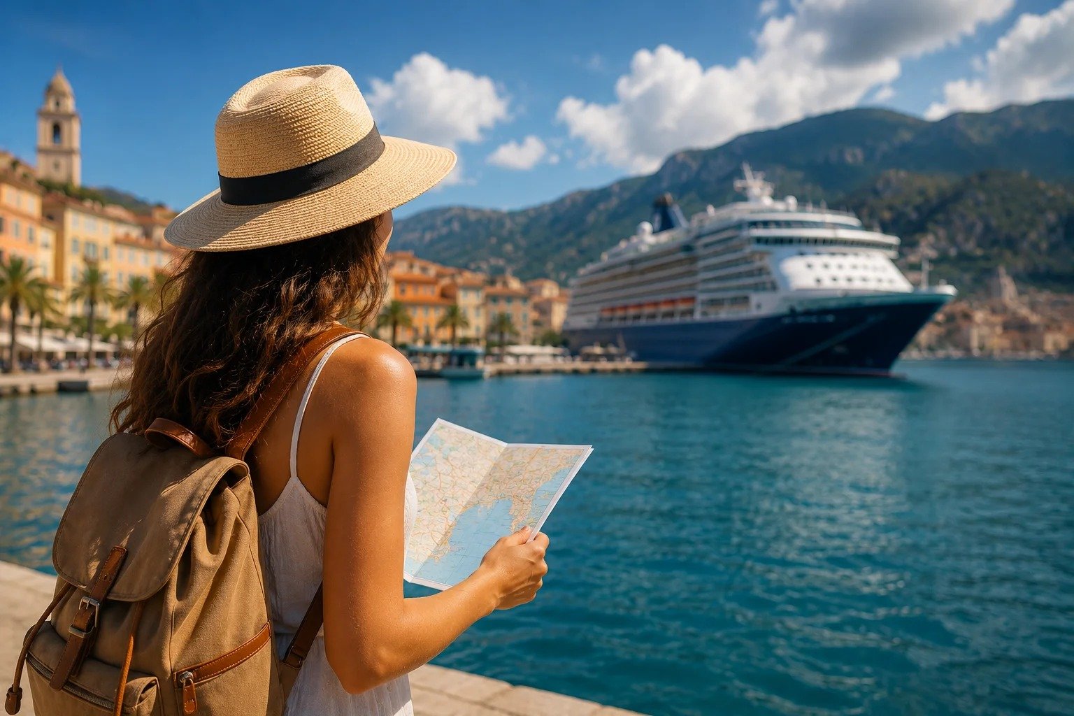 Traveler with a map looking at a cruise ship in a Mediterranean port